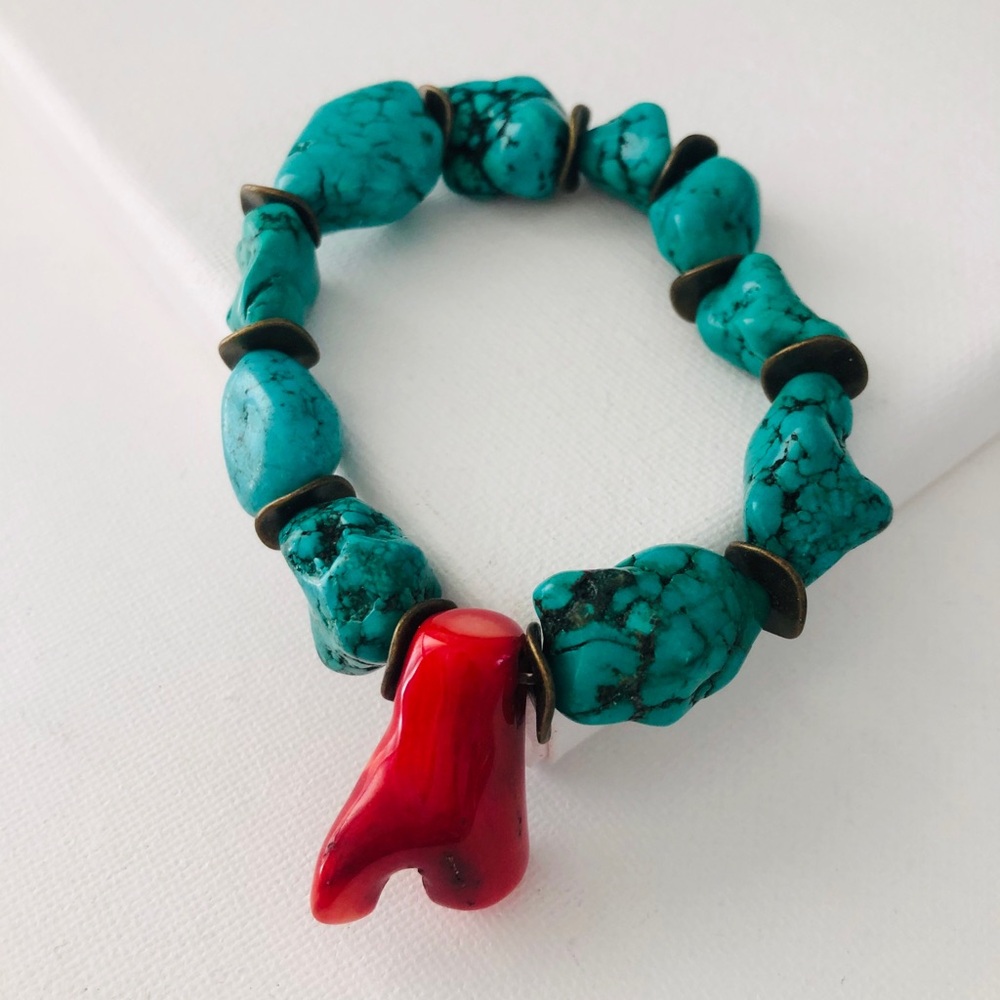 NWT HANDCRAFTED TURQUOISE CORAL AND BRASS BRACELET